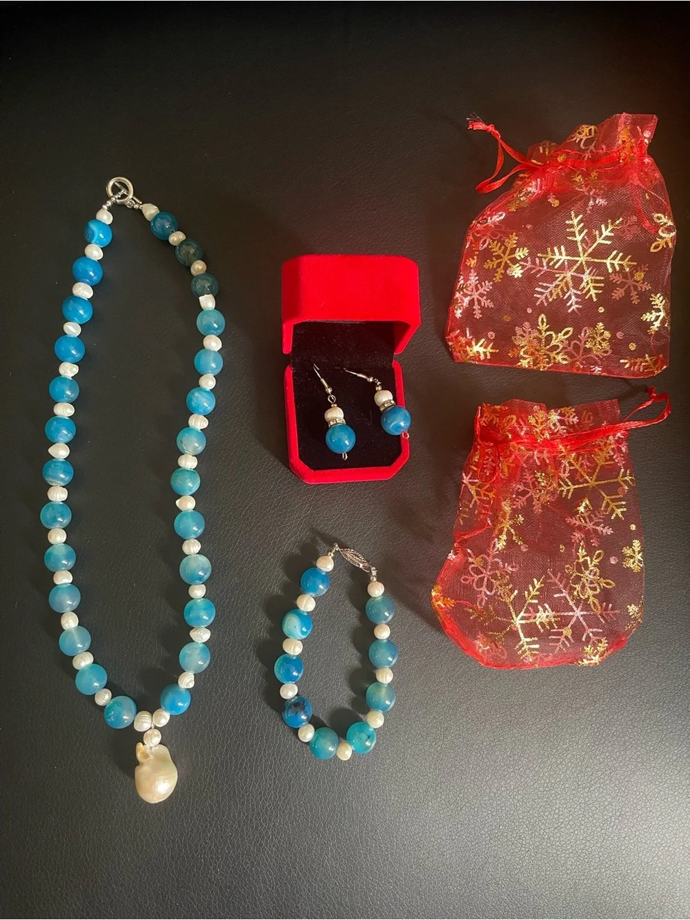 Turquoise Bead Necklace, Bracelet & Earrings Set - Women Jewelry